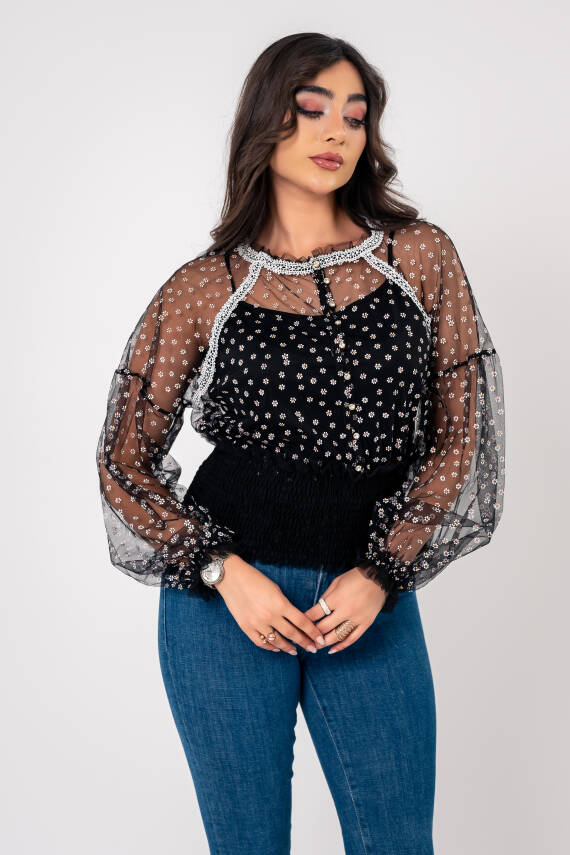 Papatya Nakışlı Bel Ve Kol Lastik Astarlı Bluz BLZ6034 - 6