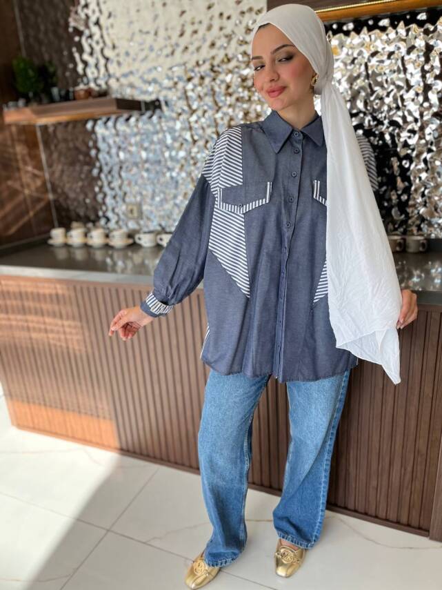 Parça Detaylı Cep Aksesurlı Simetrik Kesim Oversize Basıc Gömlek GMK16046 - 8