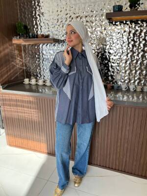 Parça Detaylı Cep Aksesurlı Simetrik Kesim Oversize Basıc Gömlek GMK16046 - 12