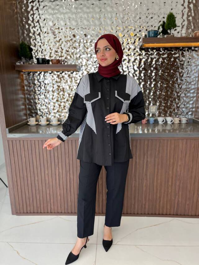 Parça Detaylı Cep Aksesurlı Simetrik Kesim Oversize Basıc Gömlek GMK16046 - 14