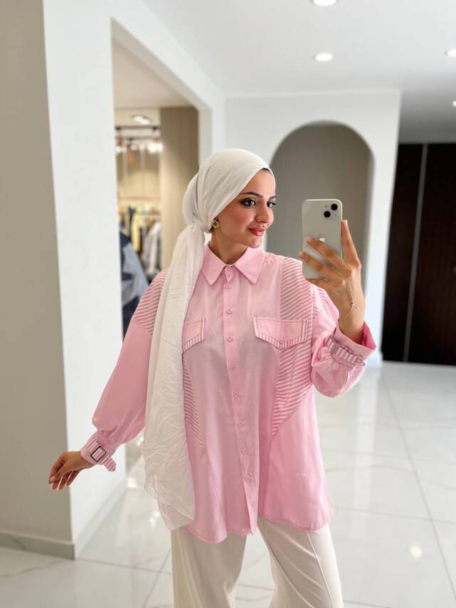 Parça Detaylı Cep Aksesurlı Simetrik Kesim Oversize Basıc Gömlek GMK16046 - 21