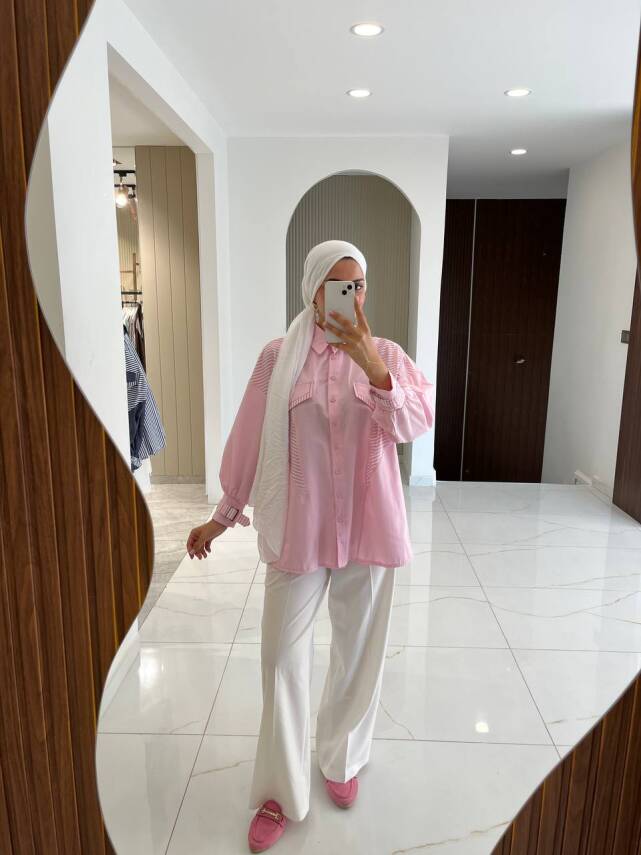 Parça Detaylı Cep Aksesurlı Simetrik Kesim Oversize Basıc Gömlek GMK16046 - 25