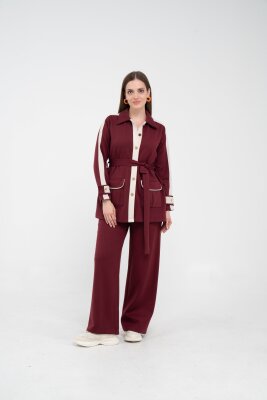 Şerit Detaylı Kuşaklı Geniş Paça Kadın Takım K1725 - SASİLVA