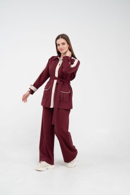 Şerit Detaylı Kuşaklı Geniş Paça Kadın Takım K1725 - 2