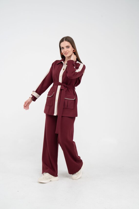 Şerit Detaylı Kuşaklı Geniş Paça Kadın Takım K1725 - 2