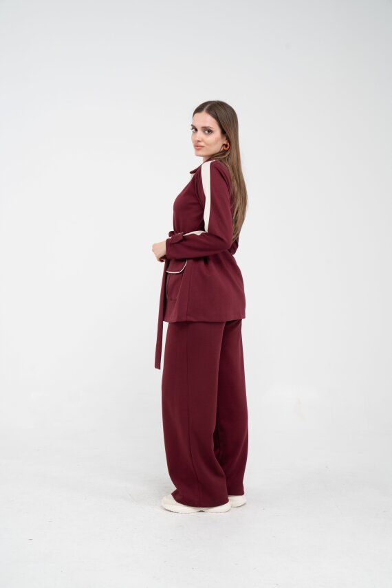 Şerit Detaylı Kuşaklı Geniş Paça Kadın Takım K1725 - 3