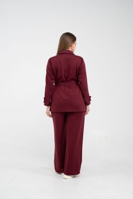 Şerit Detaylı Kuşaklı Geniş Paça Kadın Takım K1725 - 7