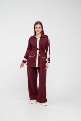 Şerit Detaylı Kuşaklı Geniş Paça Kadın Takım K1725 - 5