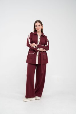 Şerit Detaylı Kuşaklı Geniş Paça Kadın Takım K1725 - 6