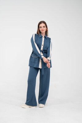 Şerit Detaylı Kuşaklı Geniş Paça Kadın Takım K1725 - 8