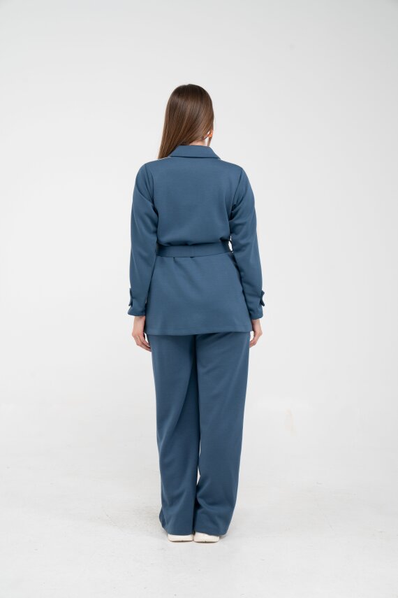 Şerit Detaylı Kuşaklı Geniş Paça Kadın Takım K1725 - 13