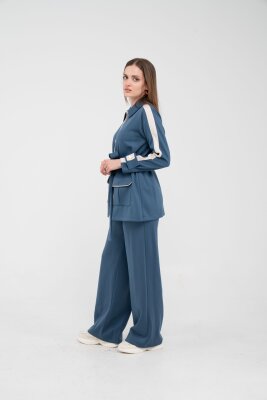 Şerit Detaylı Kuşaklı Geniş Paça Kadın Takım K1725 - 9