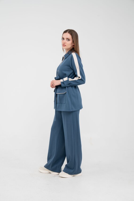 Şerit Detaylı Kuşaklı Geniş Paça Kadın Takım K1725 - 9