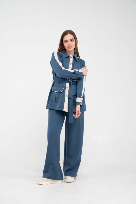 Şerit Detaylı Kuşaklı Geniş Paça Kadın Takım K1725 - 11