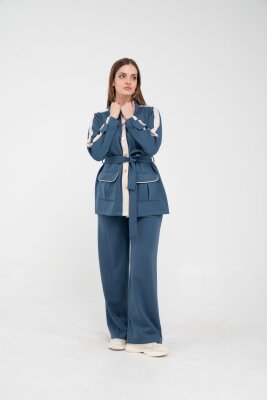 Şerit Detaylı Kuşaklı Geniş Paça Kadın Takım K1725 - 12