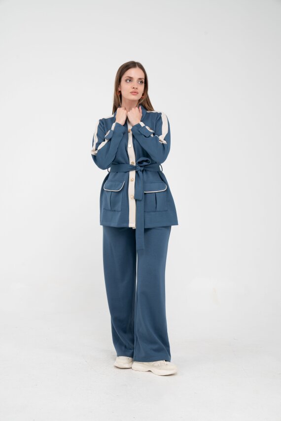 Şerit Detaylı Kuşaklı Geniş Paça Kadın Takım K1725 - 12