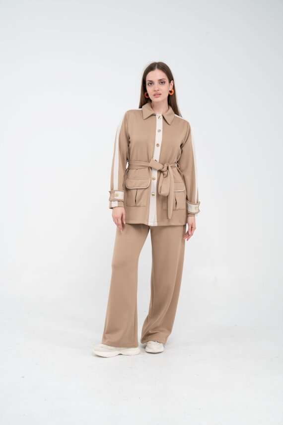 Şerit Detaylı Kuşaklı Geniş Paça Kadın Takım K1725 - 14