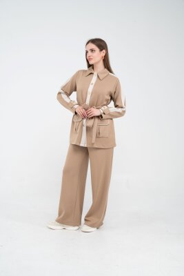 Şerit Detaylı Kuşaklı Geniş Paça Kadın Takım K1725 - 15