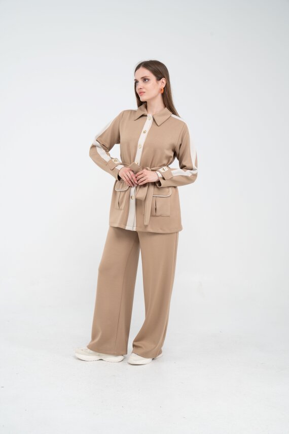 Şerit Detaylı Kuşaklı Geniş Paça Kadın Takım K1725 - 15