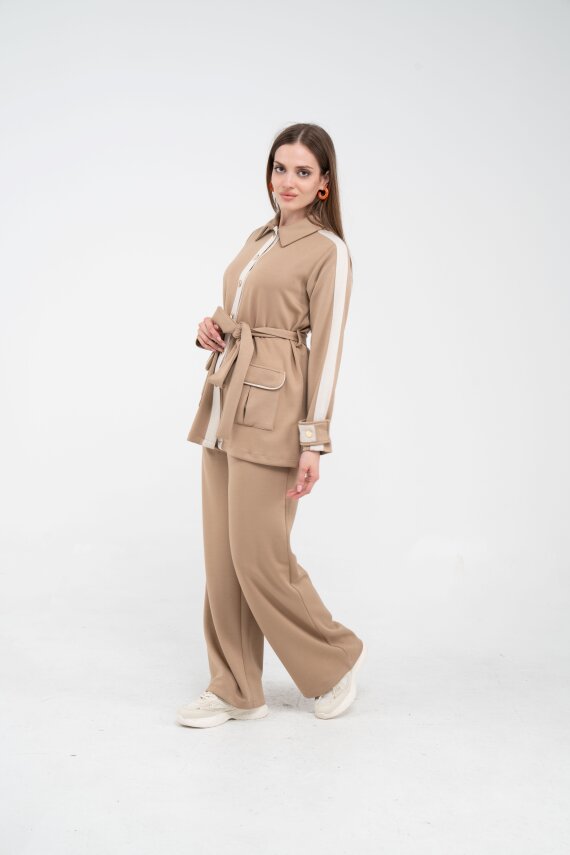 Şerit Detaylı Kuşaklı Geniş Paça Kadın Takım K1725 - 16