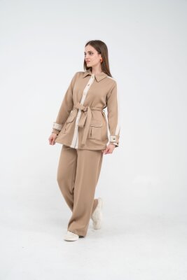 Şerit Detaylı Kuşaklı Geniş Paça Kadın Takım K1725 - 17