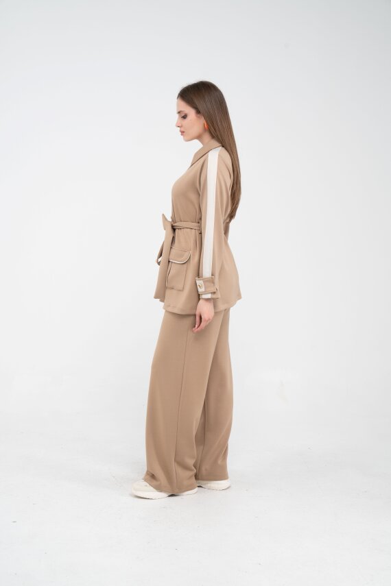 Şerit Detaylı Kuşaklı Geniş Paça Kadın Takım K1725 - 18