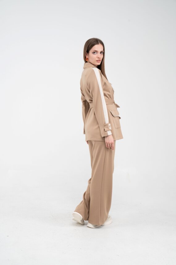 Şerit Detaylı Kuşaklı Geniş Paça Kadın Takım K1725 - 19