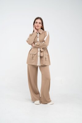 Şerit Detaylı Kuşaklı Geniş Paça Kadın Takım K1725 - 20