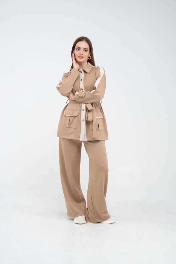 Şerit Detaylı Kuşaklı Geniş Paça Kadın Takım K1725 - 20