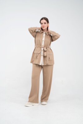 Şerit Detaylı Kuşaklı Geniş Paça Kadın Takım K1725 - 21