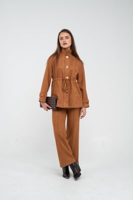 Süet Dokulu Altın Düğmeli Kuşaklı Kadın Takım 1757 - SASİLVA