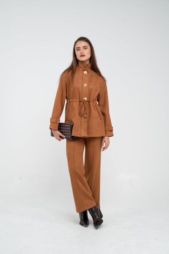 Süet Dokulu Altın Düğmeli Kuşaklı Kadın Takım 1757 - 1