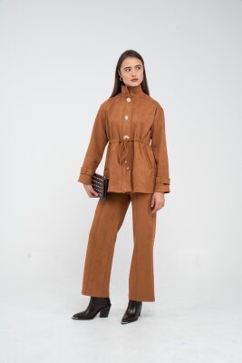 Süet Dokulu Altın Düğmeli Kuşaklı Kadın Takım 1757 - 3