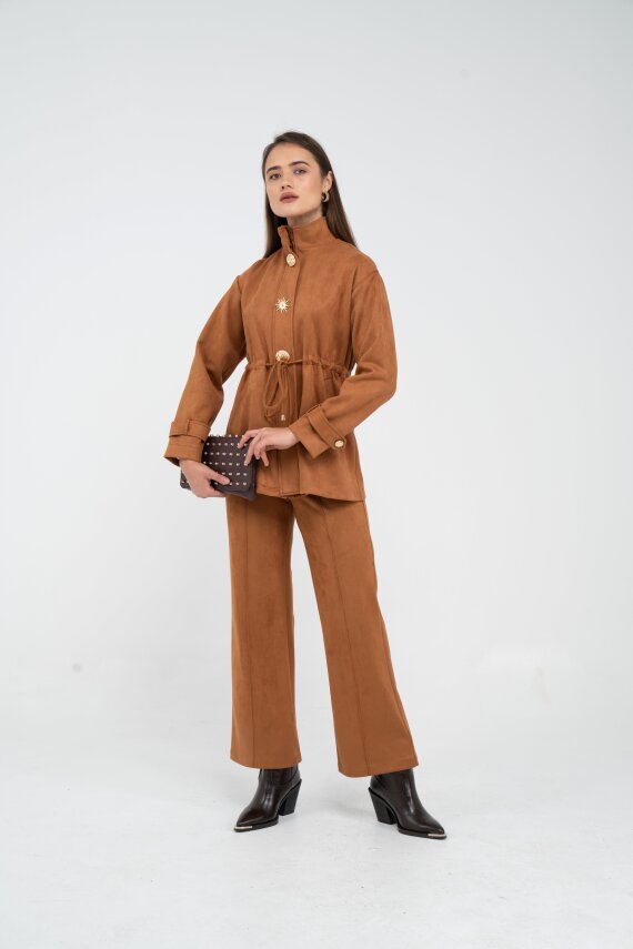 Süet Dokulu Altın Düğmeli Kuşaklı Kadın Takım 1757 - 4