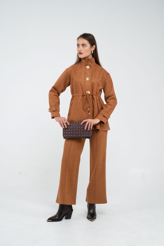 Süet Dokulu Altın Düğmeli Kuşaklı Kadın Takım 1757 - 5