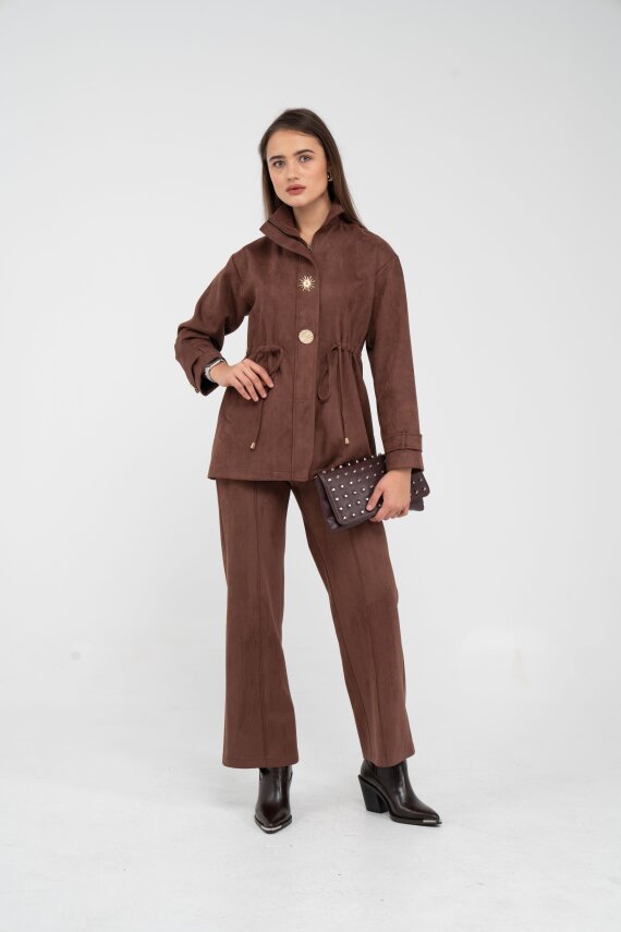 Süet Dokulu Altın Düğmeli Kuşaklı Kadın Takım 1757 - 7