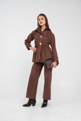 Süet Dokulu Altın Düğmeli Kuşaklı Kadın Takım 1757 - 8