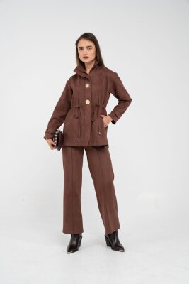 Süet Dokulu Altın Düğmeli Kuşaklı Kadın Takım 1757 - 9