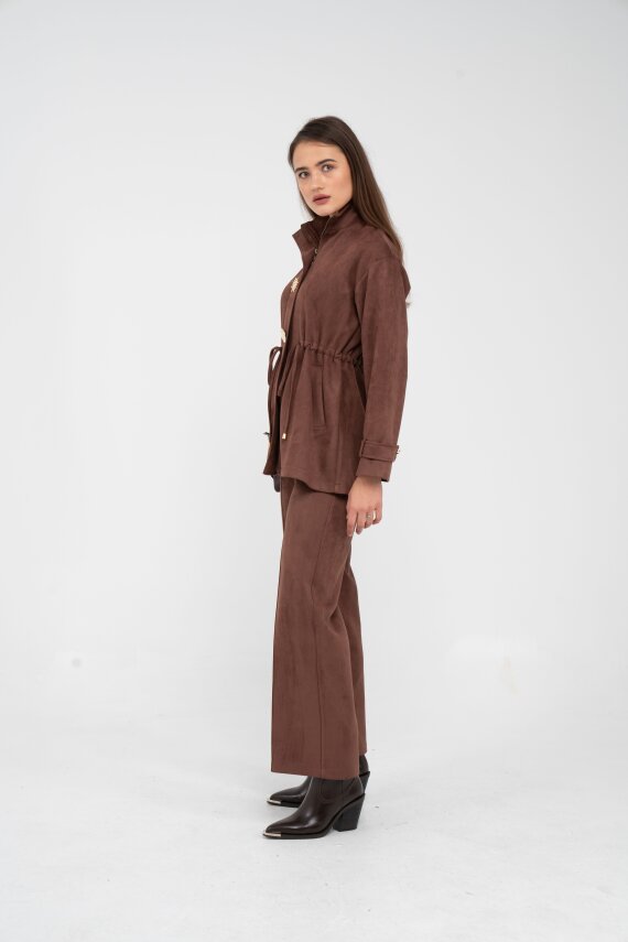 Süet Dokulu Altın Düğmeli Kuşaklı Kadın Takım 1757 - 10