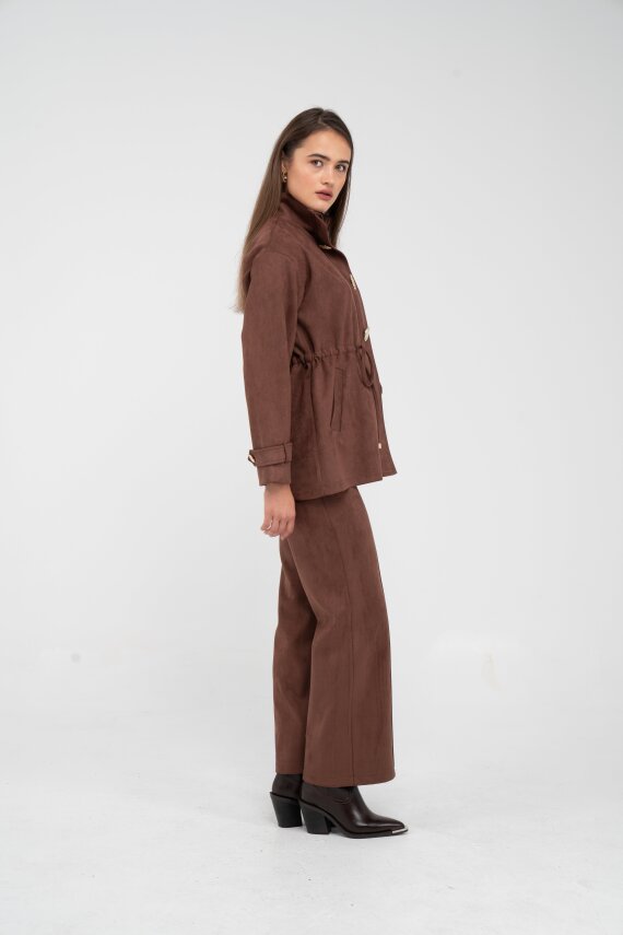 Süet Dokulu Altın Düğmeli Kuşaklı Kadın Takım 1757 - 11