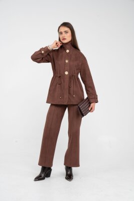 Süet Dokulu Altın Düğmeli Kuşaklı Kadın Takım 1757 - 12