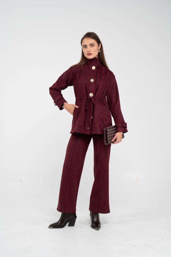 Süet Dokulu Altın Düğmeli Kuşaklı Kadın Takım 1757 - 15