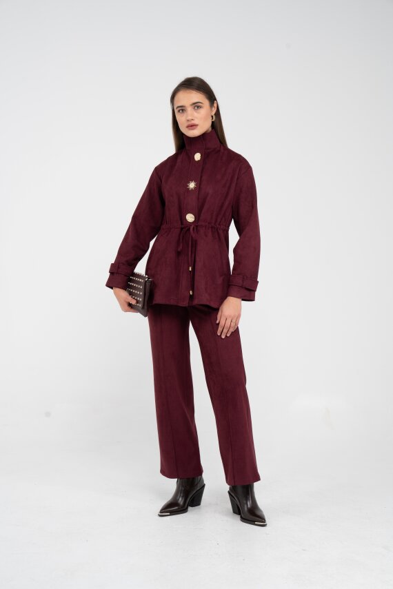 Süet Dokulu Altın Düğmeli Kuşaklı Kadın Takım 1757 - 16