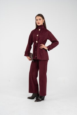 Süet Dokulu Altın Düğmeli Kuşaklı Kadın Takım 1757 - 17