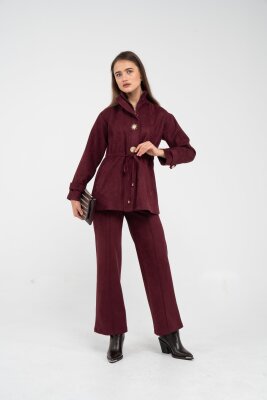 Süet Dokulu Altın Düğmeli Kuşaklı Kadın Takım 1757 - 19