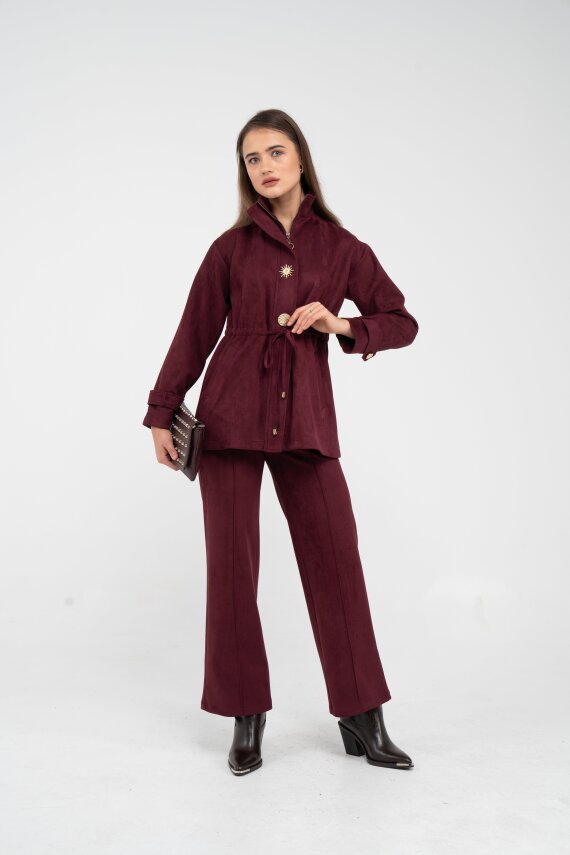 Süet Dokulu Altın Düğmeli Kuşaklı Kadın Takım 1757 - 19