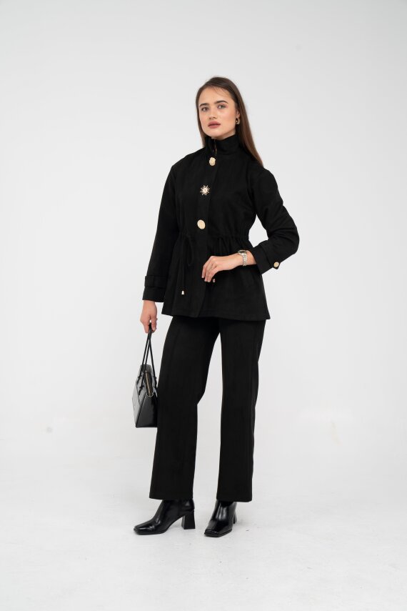 Süet Dokulu Altın Düğmeli Kuşaklı Kadın Takım 1757 - 21