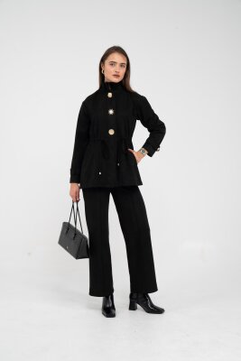 Süet Dokulu Altın Düğmeli Kuşaklı Kadın Takım 1757 - 22