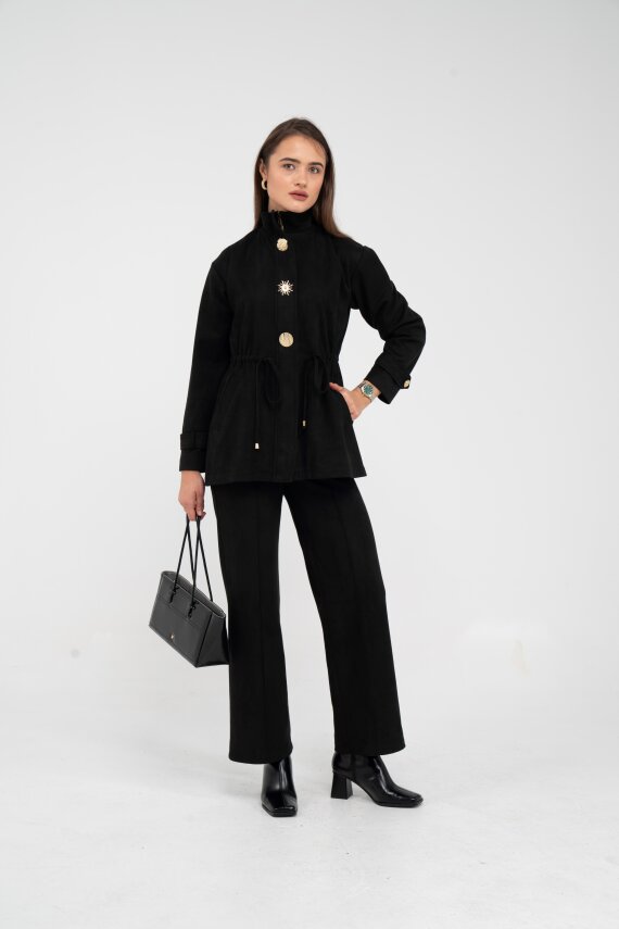 Süet Dokulu Altın Düğmeli Kuşaklı Kadın Takım 1757 - 22