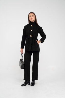 Süet Dokulu Altın Düğmeli Kuşaklı Kadın Takım 1757 - 23